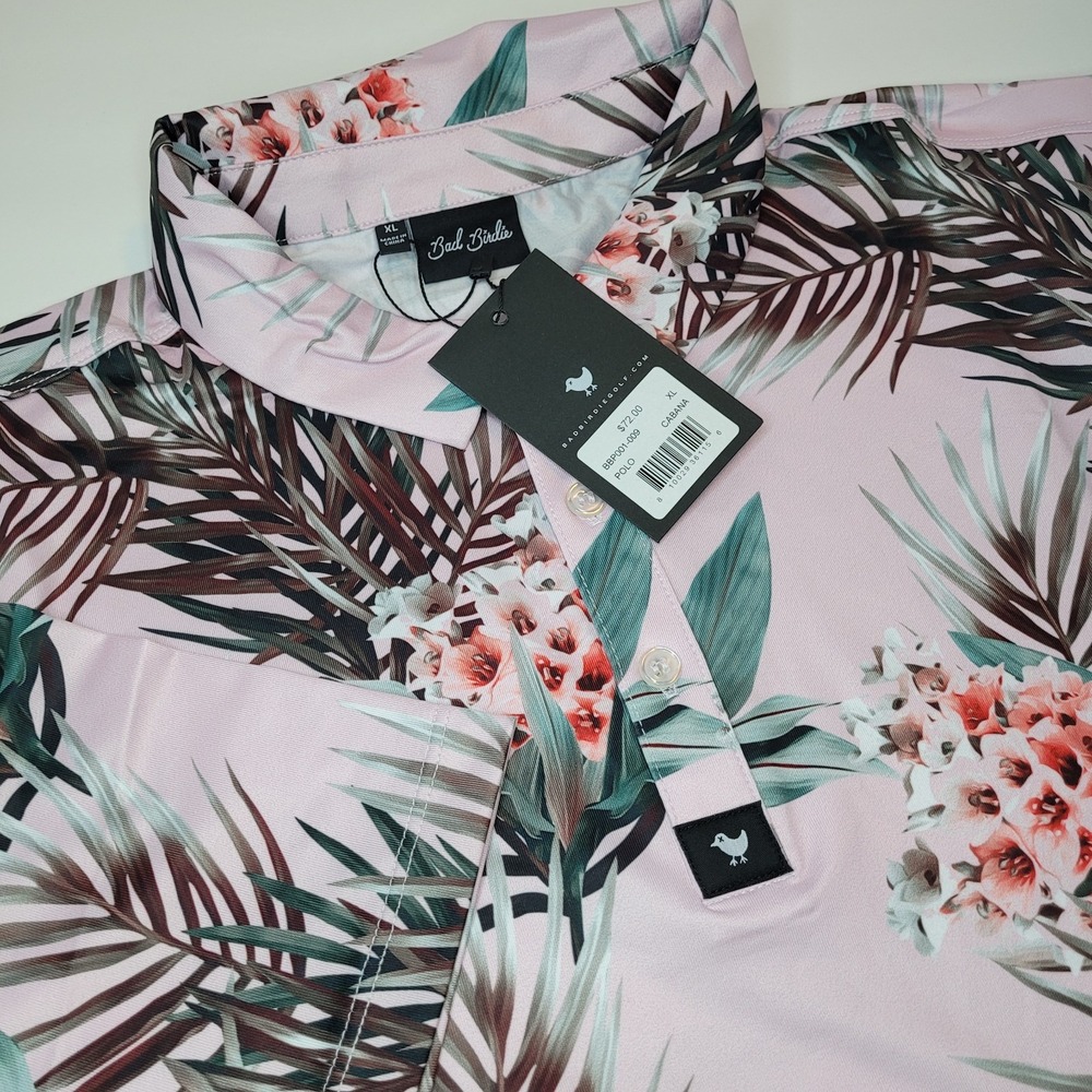 Bad Birdie Polo Cabana‎ Mens XL Pink Tropical Floral NWT BBP001-009 Short Sleeve